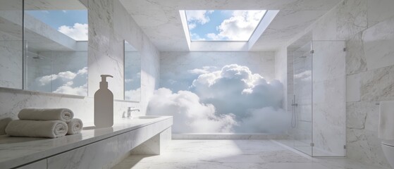 Fototapeta premium Sunlit marble bathroom with skylight, glass shower and floating counter opening onto luminous clouds, blending modern luxury interior design with a surreal dreamlike sky backdrop view