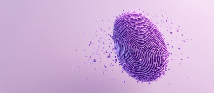Purple fingerprint dissolving into particles on a soft lilac background, abstract concept