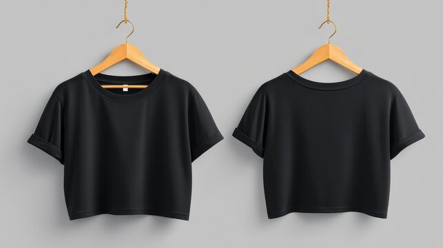 Front and back views of a black cropped t-shirt displayed on hangers
