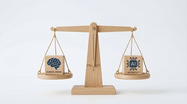 A wooden balance scale perfectly holds two distinct cubes, one symbolizing the human brain and the other an artificial intelligence circuit, visually representing their comparative significance.