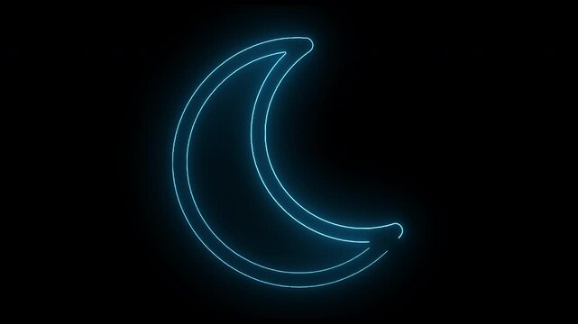 Glowing blue neon crescent moon outline on a black background with a white bottom border.