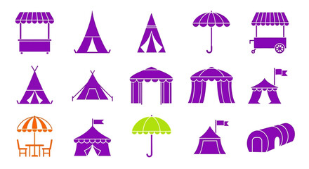 Purple tent icons set, 15 outdoor shelter and camping vector elements, circus marquee and festival canopy silhouettes, market stall and umbrella graphics © Mecklenburglaan