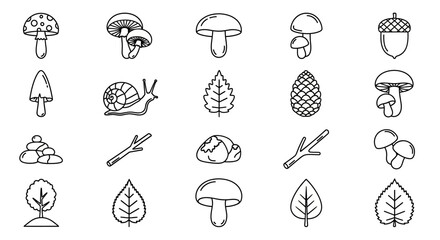 A collection of simple line art icons depicting forest and nature elements including mushrooms, acorns, leaves, and sticks © Mecklenburglaan