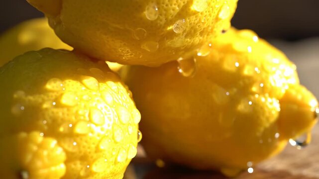 Close-up of three fresh yellow lemons stacked on a wooden surface, covered in glistening water droplets highlighting the textured rind and juicy peel under warm natural sunlight.