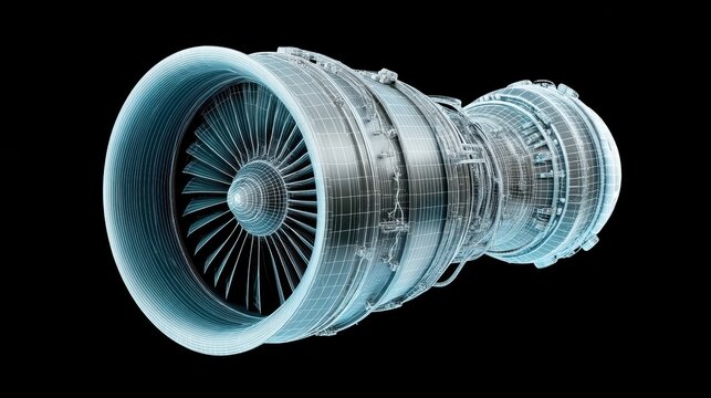 Wireframe rendering of a jet engine with blue glow on a black background