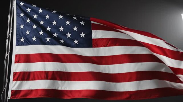 Close-up of an American flag with fifty stars and thirteen stripes waving across two frames, showing fabric texture, folds, stitching and motion under directional lighting