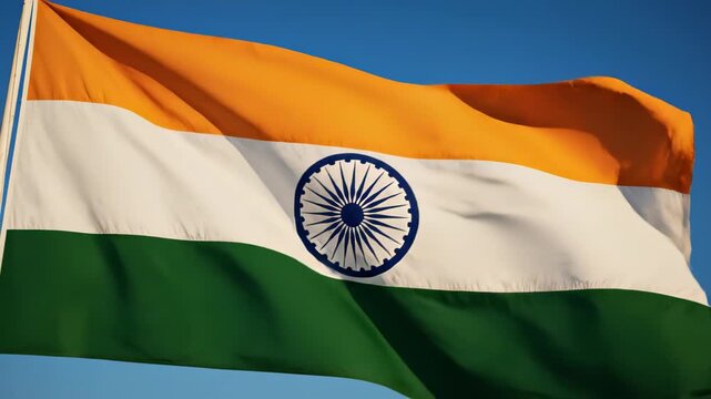 Two frames showing the Indian national flag waving prominently against a clear blue sky, highlighting the saffron, white and green tricolor and the navy Ashoka Chakra emblem