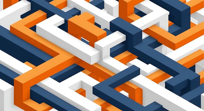 Abstract geometric labyrinth pattern with interlocking orange blue and white 3d shapes for modern design