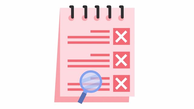 Failed document checklist icon with red error cross marks isolated on an alpha channel. Flat design notebook animation with audit rejection and review symbol. Error data validation sign.