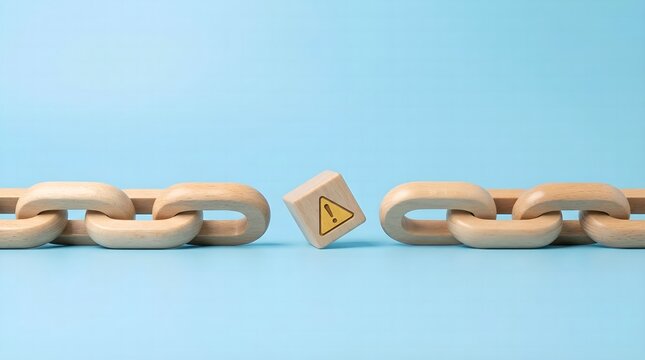 Wooden chain links with one central cube displaying a yellow triangle exclamation mark symbol representing a broken connection or security alert risk