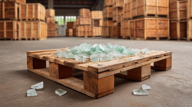 Wooden pallet with sharp broken glass shards and fragments in an industrial warehouse
