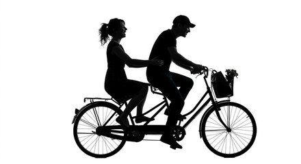 Fototapeta premium Silhouette of Romantic Couple Riding Tandem Bicycle Isolated on White Background