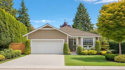Obraz premium Modern house exterior with wide garage door and manicured lawn on a clear day