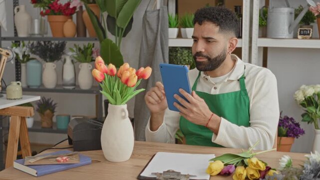 Man florist holds a blue tablet and taps screen beside tulips on a shop counter in a building; focused productivity.