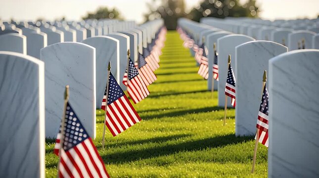 Rows of white headstones adorned with American flags stretching into the distance at a solemn military cemetery, commemorating fallen heroes and their ultimate sacrifice for freedom.