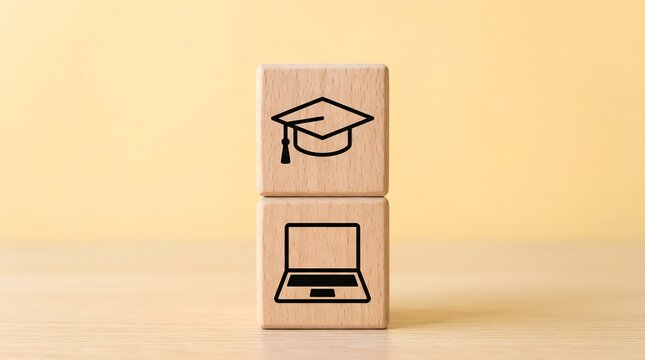 Two stacked wooden blocks showing a graduation cap icon above a laptop icon to represent the concept of modern online digital education