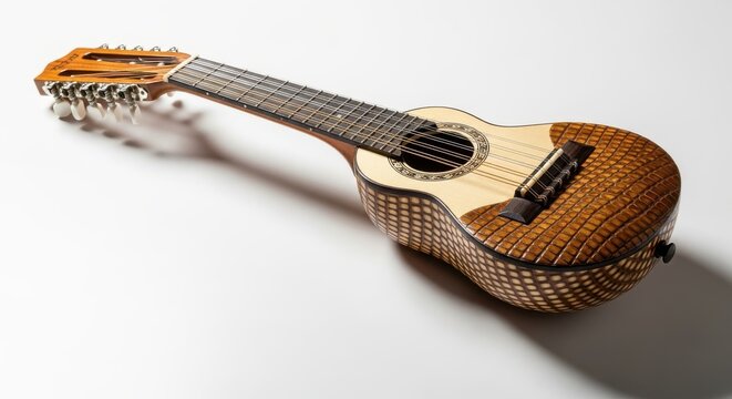 Traditional ten-stringed charango instrument rests on a plain white surface.