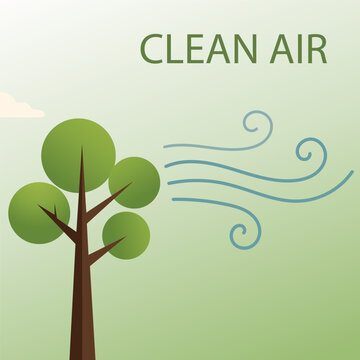 Illustration of a tree with wind blowing and the words CLEAN AIR