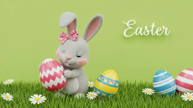 Cute Easter Bunny with Decorated Eggs on Green Background.