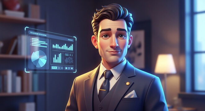 CEO of a tech startup in an ultra-realistic cartoon style, elegant futuristic suit, holographic control panel floating beside him, cinematic lighting.