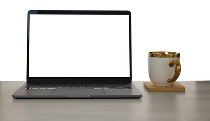Fototapeta premium Laptop with blank screen and cup on wooden table against white background