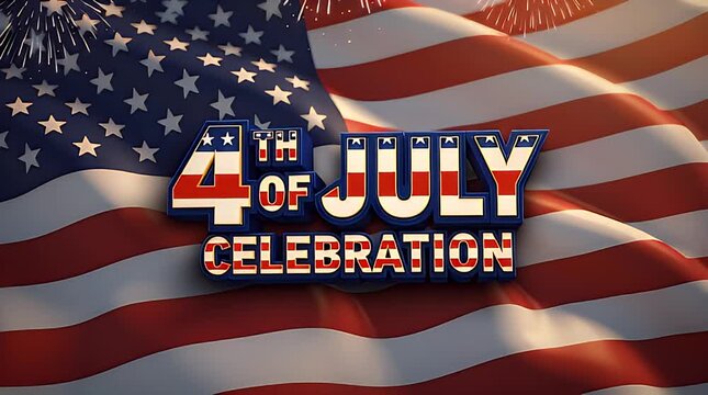 Bold three dimensional text announcing the fourth of july celebration overlaying a richly waving american flag background with fireworks.