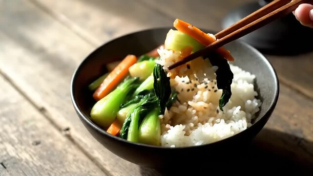 A healthy and delicious bowl of steamed bok choy and carrots served over white rice, garnished with sesame seeds and eaten with chopsticks