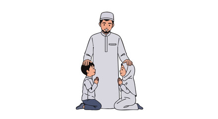 Obraz premium Muslim father blessing his son and daughter in a loving family gesture. Vector illustration of Islamic tradition