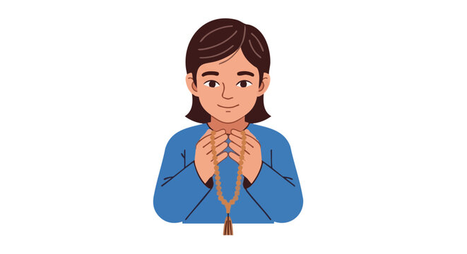 A calm child praying with tasbih beads. Cartoon vector illustration isolated on white