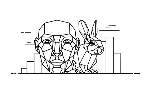A geometric illustration of a man's face and a rabbit in a cityscape