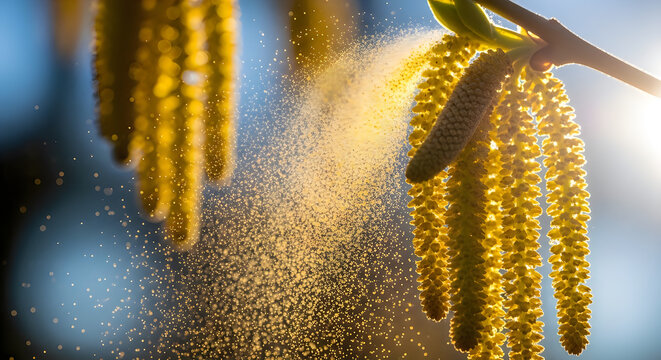 Golden catkins of alder and birch trees spray a cloud of fine allergic pollen against a sunny sky in a spring garden