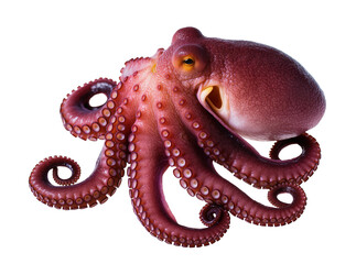 Isolated vibrant reddish-purple octopus with many curling tentacles and powerful suckers, marine animal © Oisin