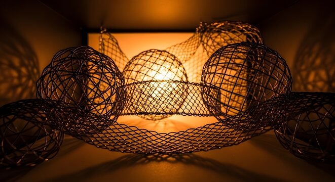 Artistic Wire Mesh Spheres and Abstract Forms with Golden Light and Intricate Shadows