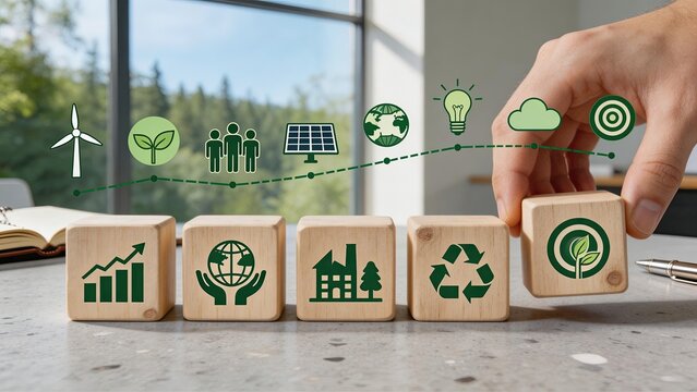 Hand placing wooden block with eco icon sustainability growth chart green energy recycling solar power business strategy corporate social responsibility ESG goals carbon neutral