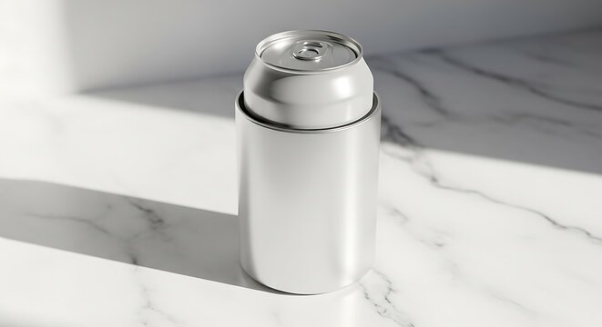 A white beverage can sitting inside a silver metal can cooler on a white marble surface. coozie