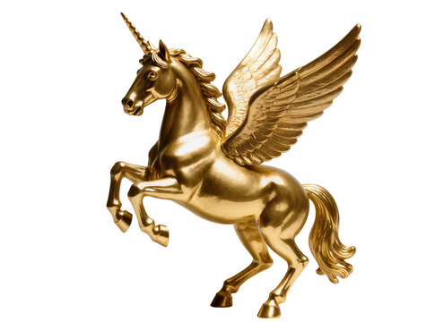 Isolated golden winged unicorn statue in a majestic rearing pose, elegant mythical creature