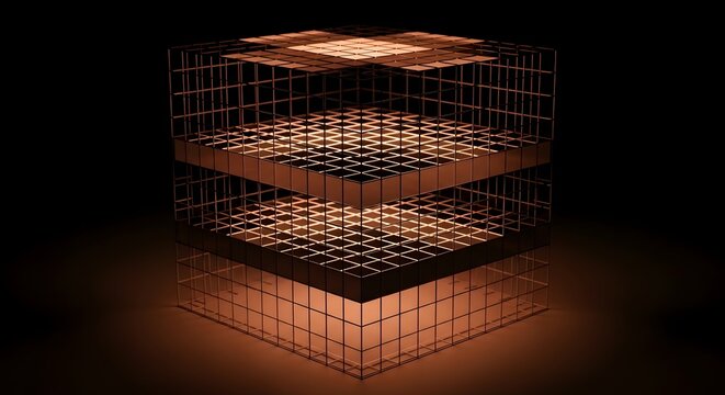Futuristic Holographic Cube Grid with Glowing Light - Abstract Digital Technology Background