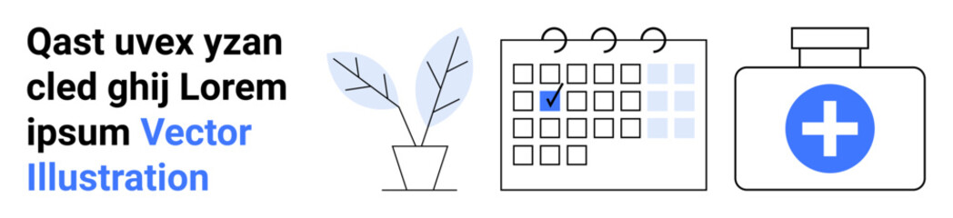 Fototapeta premium Healthcare planning, time management, medical appointments, wellness routines, organization, productivity. A calendar with marked date, potted plant medical cross icon. Healthcare planning and time