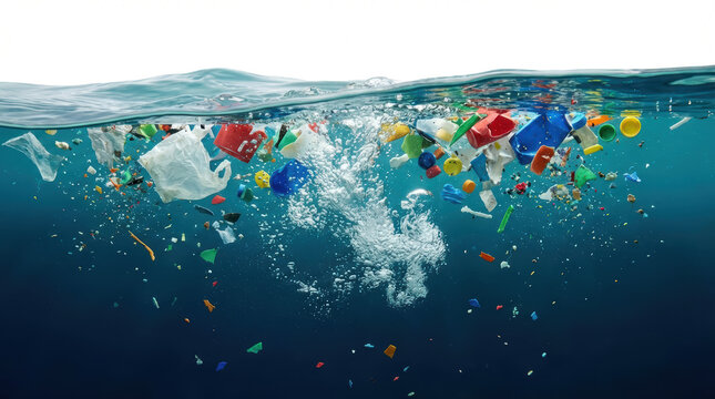 A diverse collection of colorful plastic waste and debris floats on the ocean surface and sinks into the deep blue water illustrating pollution plastic pollution ocean pollution