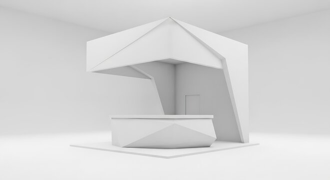 Sleek, minimalist 3D rendered empty white exhibition stand, a versatile template for modern corporate event displays and professional brand marketing at trade shows