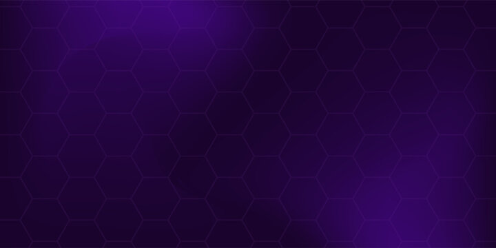 Dark violet hexagonal technology abstract vector background with purple colored bright flashes under hexagon. Hexagonal gaming vector abstract background.