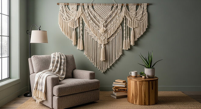 Cozy living room with beige armchair and large macrame wall hanging