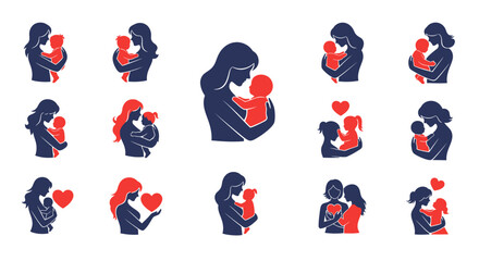 Fototapeta premium Collection of mother and baby silhouettes, showcasing maternal love and care.
