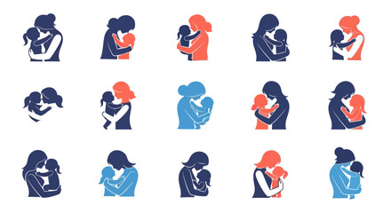 Fototapeta premium Collection of Mother and Child Silhouettes Illustrating Love and Affection.