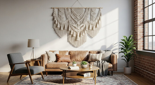 Cozy Living Room with Macrame Wall Hanging and Tan Sofa wooden coffee table potted plants