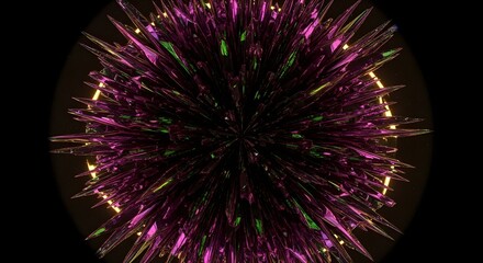 Obraz premium Vibrant Purple and Green Spiky Crystal Burst with Golden Ring on Black