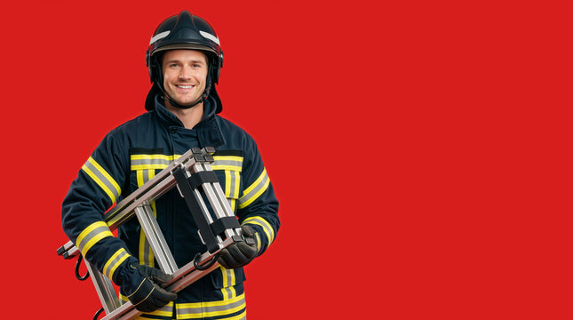 Smiling male firefighter holding a folded ladder on a red background. Professional rescue worker in protective uniform and helmet. International Firefighters' Day. Copy space for text