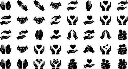 Fototapeta premium Helping Hand Icons. Outline icon set of helping hand: open palm, handshake, supportive arm, lifting gesture, 