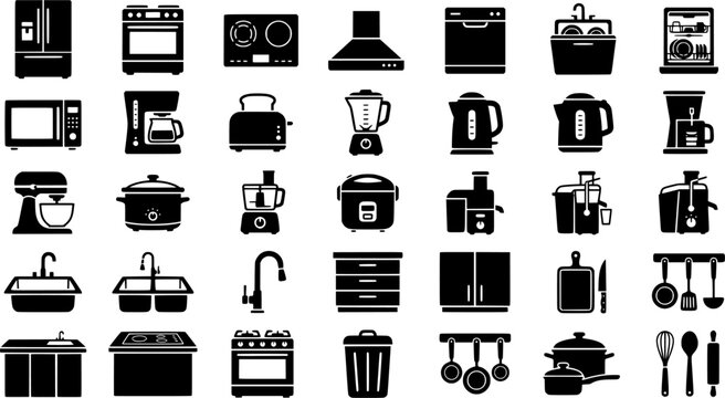 Kitchen Icons Grid. Kitchens. Line icon set of Kitchens: kitchen
