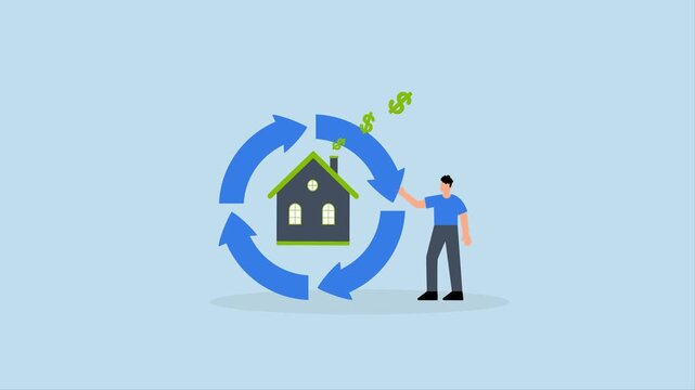Reverse mortgage, 4k animation of businessperson is generating dollar symbols by using their house as collateral for reverse mortgage